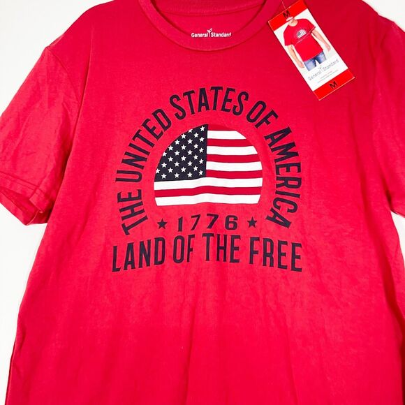 General Standard Land Of The Free T-Shirt Mens Red Pullover Cotton Sz Medium NEW - Picture 2 of 8